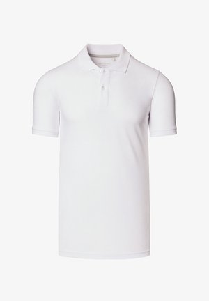 Biała koszulka polo wykonana z gładkiego bawełnianego materiału. Krótkie rękawy, standardowy kołnierzyk, zapięcie na dwa guziki i luźny krój. Prosty design.