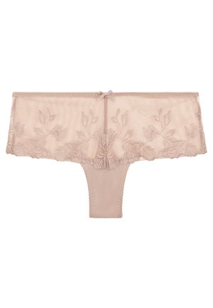 Lingerie beige transparente avec des détails en dentelle florale, un léger nœud à l'arrière et un panneau central lisse. Les bords détaillés rehaussent la texture.