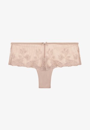 Lingerie beige transparente avec des détails en dentelle florale, un léger nœud à l'arrière et un panneau central lisse. Les bords détaillés rehaussent la texture.