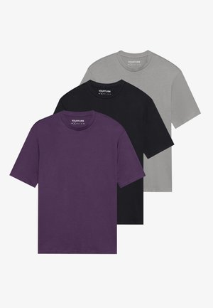 Three short-sleeve t-shirts: purple, black, and gray. Made of cotton fabric with a crew neck and relaxed fit. Soft texture, minimal design.