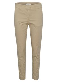 Pantalons en coton beige avec une coupe slim, comportant des poches avant, une fermeture éclair et des détails de couture le long de la taille et des poches.