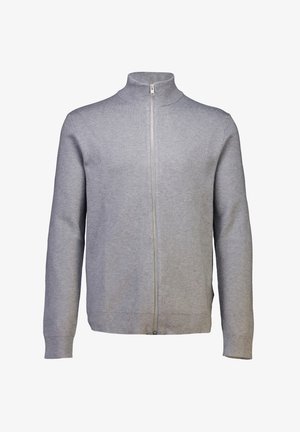 Cardigan zippé gris clair avec col montant, poignets et ourlet côtelés. Fabriqué à partir d'un tissu doux et lisse, avec un design minimaliste.