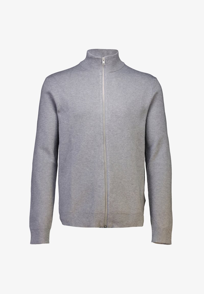 Cárdigan de cremallera gris claro con cuello alto, puños y dobladillo acanalados. Fabricado con una tela suave y lisa, presenta un diseño minimalista.