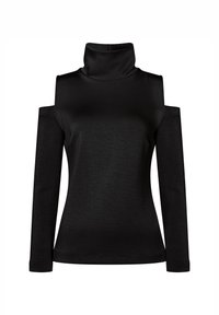 Schwarzes Langarmoberteil mit einem schmalen Stehkragen und einem Cold-Shoulder-Design. Hergestellt aus glattem, dehnbarem Stoff mit einer figurbetonten Silhouette.