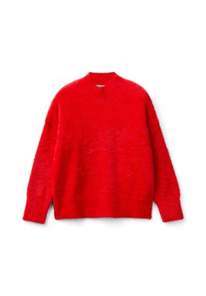 Bright red fuzzy long-sleeve sweater with ribbed crew neckline, cuffs, and hem, displayed flat on a white background.