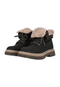 Svarta ankelboots med en krage av konstfuskpäls, grå snören och en tjock strukturérad sula. Utformade med en robust, vadderad överdel och tan-färgade detaljer.