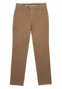 Chinos in cotone marrone con gambe dritte, chiusura a bottone e tasche laterali. Texture liscia, cuciture minime e senza motivi prominenti.