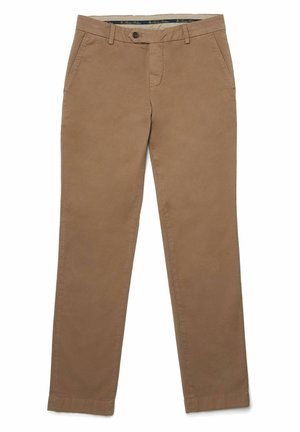 Bruine katoenen chino's met rechte pijpen, knoopsluiting en zijzakken. Glad textuur, minimale stiksels en geen opvallende patronen.