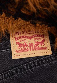 Odinė "Levi Strauss & Co." etikėtė prisiūta prie tamsaus džinsinio audinio su kailio apdaila, vaizduojanti du arklius, traukiančius džinsus, ir tekstą, pabrėžiantį originalią nikelinę kokybę.