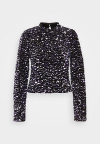 Top con paillettes a maniche lunghe in tonalità di nero e viola. Presenta un collo alto e una silhouette aderente, coperta di paillettes scintillanti.