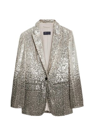 Vue arrière d'un blazer argenté à sequins avec manches longues et pantalon assorti porté par une personne.