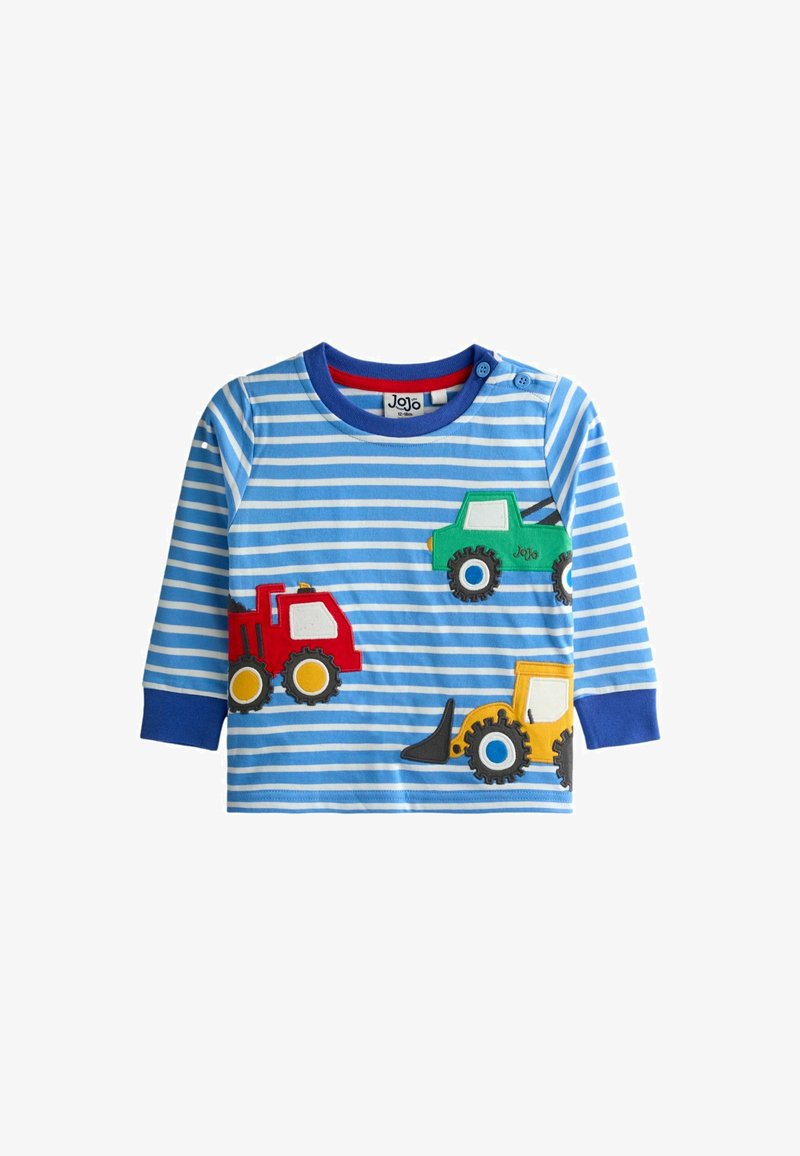Modrá pruhovaná košeľa s dlhým rukávom s aplikovanými vzormi červeného, zeleného a žltého nákladného auta a traktora. Mäkký bavlnený materiál, okrúhly výstrih.
