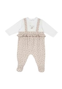 salopette en tartan marron avec taille froncée, manches longues blanches et détails brodés sur le devant, dotée de pressions pour un habillage facile.