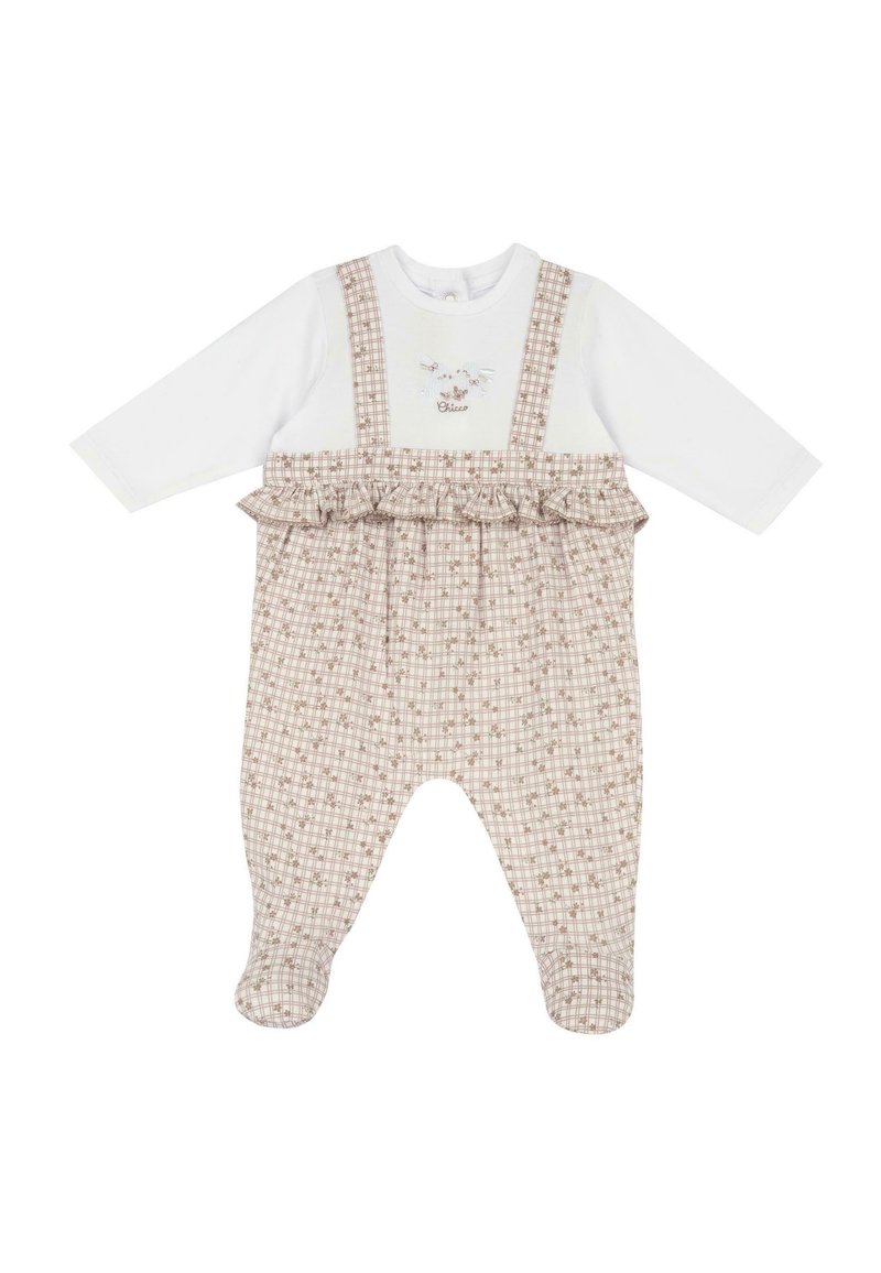 salopette en tartan marron avec taille froncée, manches longues blanches et détails brodés sur le devant, dotée de pressions pour un habillage facile.