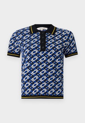 Blue and white patterned polo shirt with a black collar and yellow accents, featuring a buttoned placket and ribbed cuffs.