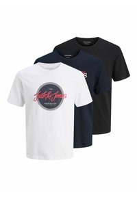 Kolm T-särki valges, tumesinises ja mustas värvitoonis. Valgel särgil on ringikujuline graafika, millel on "Jack & Jones" tekst ja triibuline detail.