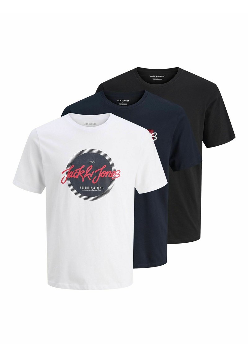 Kolm T-särki valges, tumesinises ja mustas värvitoonis. Valgel särgil on ringikujuline graafika, millel on "Jack & Jones" tekst ja triibuline detail.