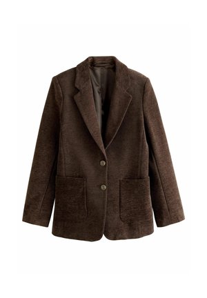 Blazer en velours côtelé marron avec deux poches plaquées à l'avant, deux boutons et col à revers cranté, présenté sur fond blanc.