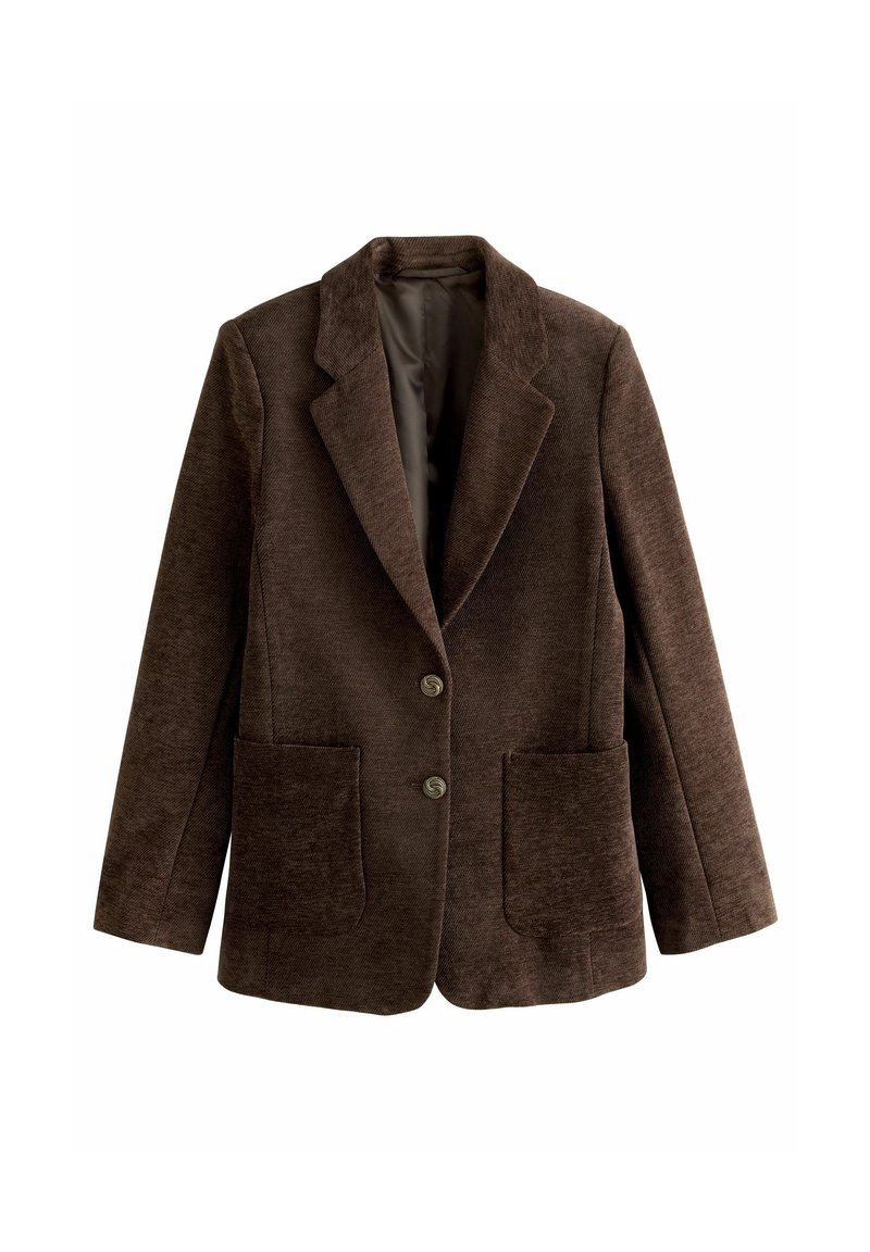 Blazer en velours côtelé marron avec deux poches plaquées à l'avant, deux boutons et col à revers cranté, présenté sur fond blanc.