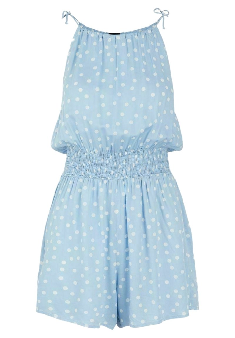 Une combinaison bleu clair avec des pois blancs, taille smockée élastique et bretelles réglables. Fabriquée en tissu doux et léger.