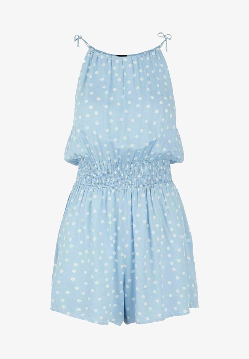 Une combinaison bleu clair avec des pois blancs, taille smockée élastique et bretelles réglables. Fabriquée en tissu doux et léger.