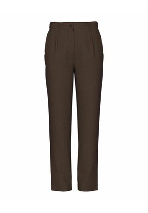 Brown tailored trousers with a textured fabric. Features a front pleat, button closure, and a straight cut, designed for a slim fit.