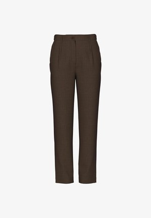 Rudos pritaikytos kelnės su tekstūruotu audiniu. Yra priekinė raukšlė, mygtukų uždarymas ir tiesus kirpimas, sukurtos lieknam siluetui.