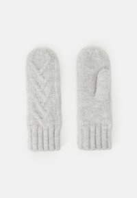 Grå strikkede votter med ribbestrikket mansjett og kabelmønster på forsiden. Laget av mykt materiale, med en rund topp.