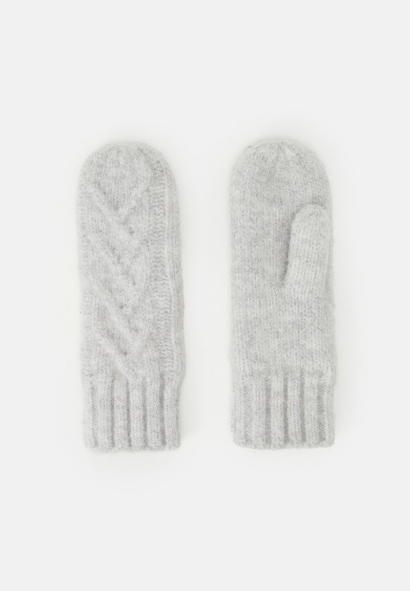 Gray knitted mittens with a ribbed cuff and a cable pattern on the front. Made from soft material, featuring a rounded top.