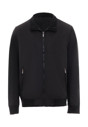 Veste noire zippée avec deux poches avant zippées et un petit col montant, présentée sur fond blanc.
