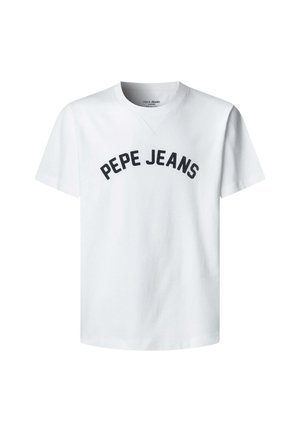 Hvid t-shirt i bomuld med korte ærmer. Har en sort "PEPE JEANS"-logo i en buet design hen over brystet. Klassisk rund halsudskæring.