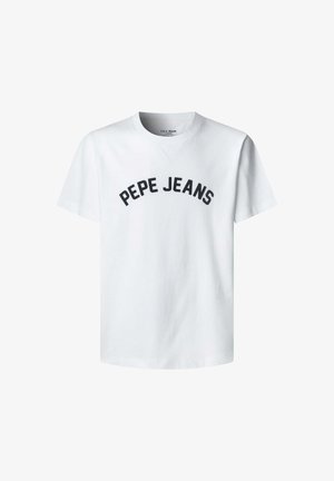 Weißes Baumwoll-T-Shirt mit kurzen Ärmeln. Mit schwarzem "PEPE JEANS"-Logo in einem gebogenen Design über der Brust. Klassischer Rundhalsausschnitt.