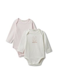 Due body in cotone a manica lunga, uno rosa pallido e uno bianco con un piccolo viso di coniglio e il testo "BENETTON" sul petto.