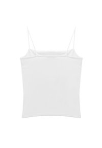 Canotta bianca con spallette sottili, dalla vestibilità aderente, realizzata in tessuto morbido, caratterizzata da un semplice scollo quadrato e priva di motivi particolari.
