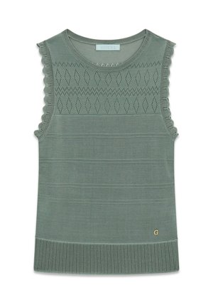 Top senza maniche in maglia verde salvia con bordi smerlati, motivo a diamante vicino allo scollo, orlo a coste e piccolo logo dorato vicino al fondo.