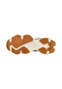 Suola della scarpa con una base bianca e sezioni in gomma marrone. Presenta un motivo unico con linee curve e bordi arrotondati per una migliore aderenza.