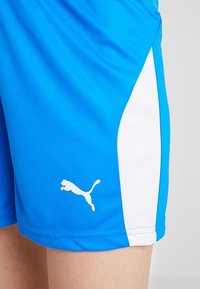 Blå sportshorts med en vit sidopanel, tillverkade av ett mjukt tyg. Har en liten vit Puma-logotyp på underbenet.