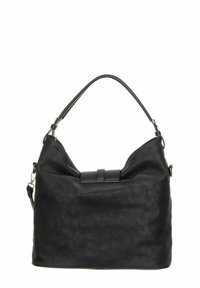 Sac à main en cuir noir avec une finition douce et texturée. Il dispose d'une large poignée, d'une base structurée et d'une sangle décorative centrale.