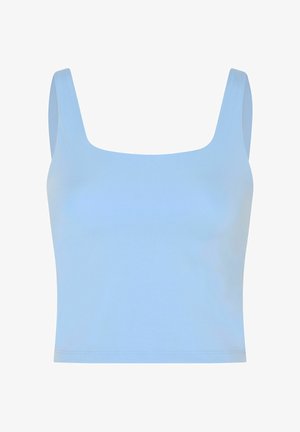 Světlomodrý krátký top bez rukávů s širokými ramínky a čtvercovým výstřihem.