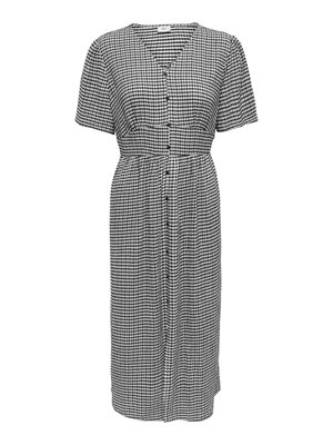 Robe midi à manches courtes à carreaux noirs et blancs avec fermeture boutonnée sur le devant et taille cintrée.