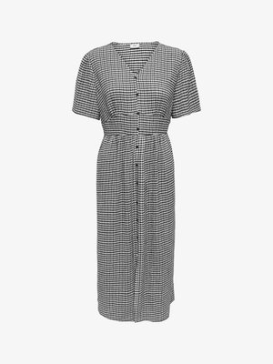 Black and white checkered short-sleeve midi dress with button-down front and fitted waist.