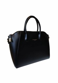 Borsa in pelle nera con silhouette strutturata, doppi manici e accessori in tono oro. Caratterizzata da una superficie liscia e dettagli con logo.