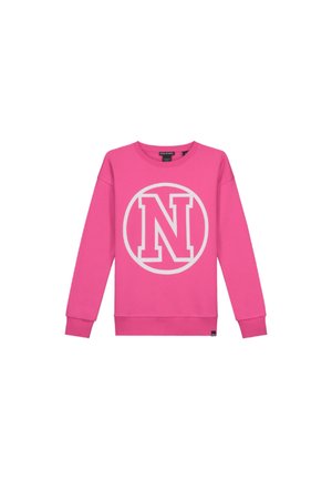 Sweat-shirt rose avec un grand cercle blanc au centre portant la lettre "N". Manches longues et encolure ronde. Tissu doux.