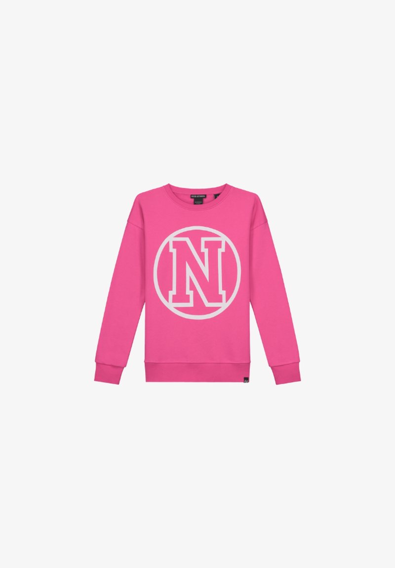 Sweat-shirt rose avec un grand cercle blanc au centre portant la lettre "N". Manches longues et encolure ronde. Tissu doux.