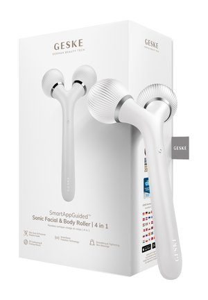 Geske Sonic Facial & Body Roller with two textured spherical heads and ergonomic handle, shown in front of its white product packaging.