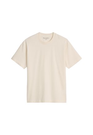 Kurzärmeliges T-Shirt mit Rundhalsausschnitt aus cremefarbenem, weichem Baumwollstoff, das durch ein schlichtes Design ohne sichtbare Muster oder Akzente besticht.