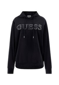 Zwarte hoodie met 'GUESS' gespeld in zilveren studs over de borst, voorzien van een trekkoordkap en lange mouwen.