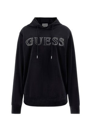 Zwarte hoodie met 'GUESS' gespeld in zilveren studs over de borst, voorzien van een trekkoordkap en lange mouwen.