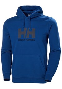 Sudadera azul hecha de una mezcla de algodón, con un bolsillo canguro, capucha con cordón y un logo negro de Helly Hansen en el pecho.