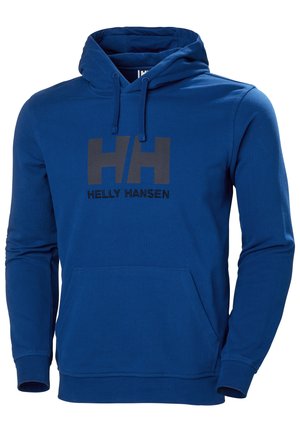 Niebieska bluza z kapturem z mieszanki bawełny, z kieszenią kangurką, regulowanym kapturem oraz czarnym logo Helly Hansen na klatce piersiowej.